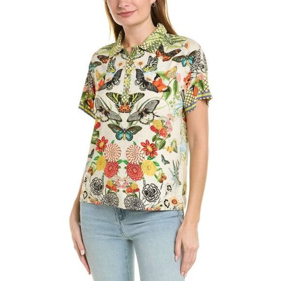 Johnny Was Happy Wings Butterflies Polo Tee Top Shirt M - Picture 1 of 6